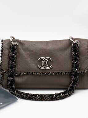 CHANEL Limited Edition 2009 Taupe Leather and Tweed Flap Bag SHW w/ Entrupy COA